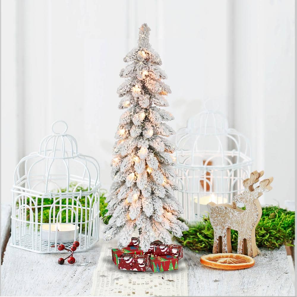 4 ft. Prelit Flocked Alpine Pencil Artificial Christmas Tree - Hercitys