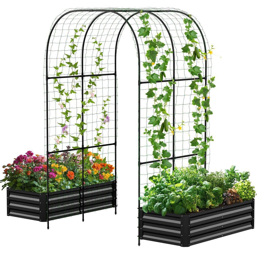 3 in 1 Raised Garden Bed w/ 87 in. H Arch Trellis for Climb Plant Metal Galvanized Planter Garden Box for Garden, Black - Hercitys