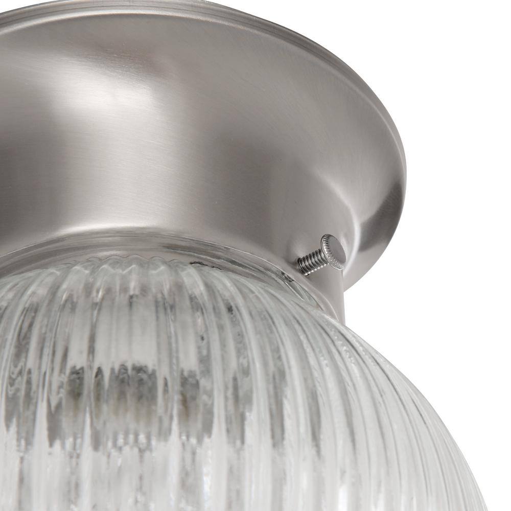 1-Light Brushed Nickel Flushmount with Clear Ribbed Glass Globe - Hercitys