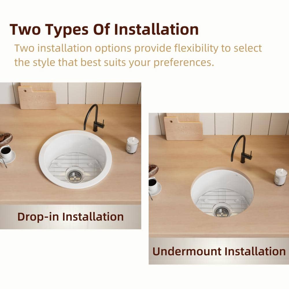 18 in. White Kitchen Sink Undermount, Compact Round Single Bowl Fireclay Basin, Includes Grid and Drain Strainer - Hercitys