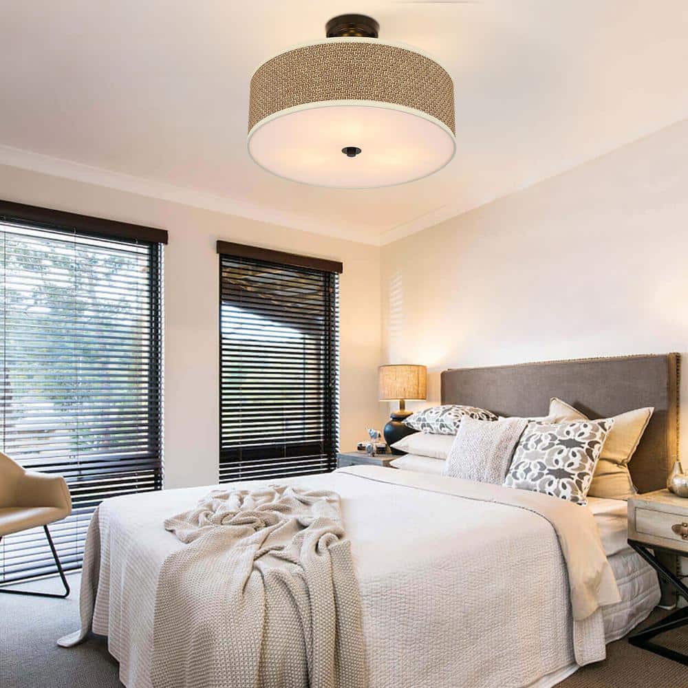 16.9 in. 3-light Brown Modern Rattan Semi-flush Mount Ceiling-Light - Hercitys