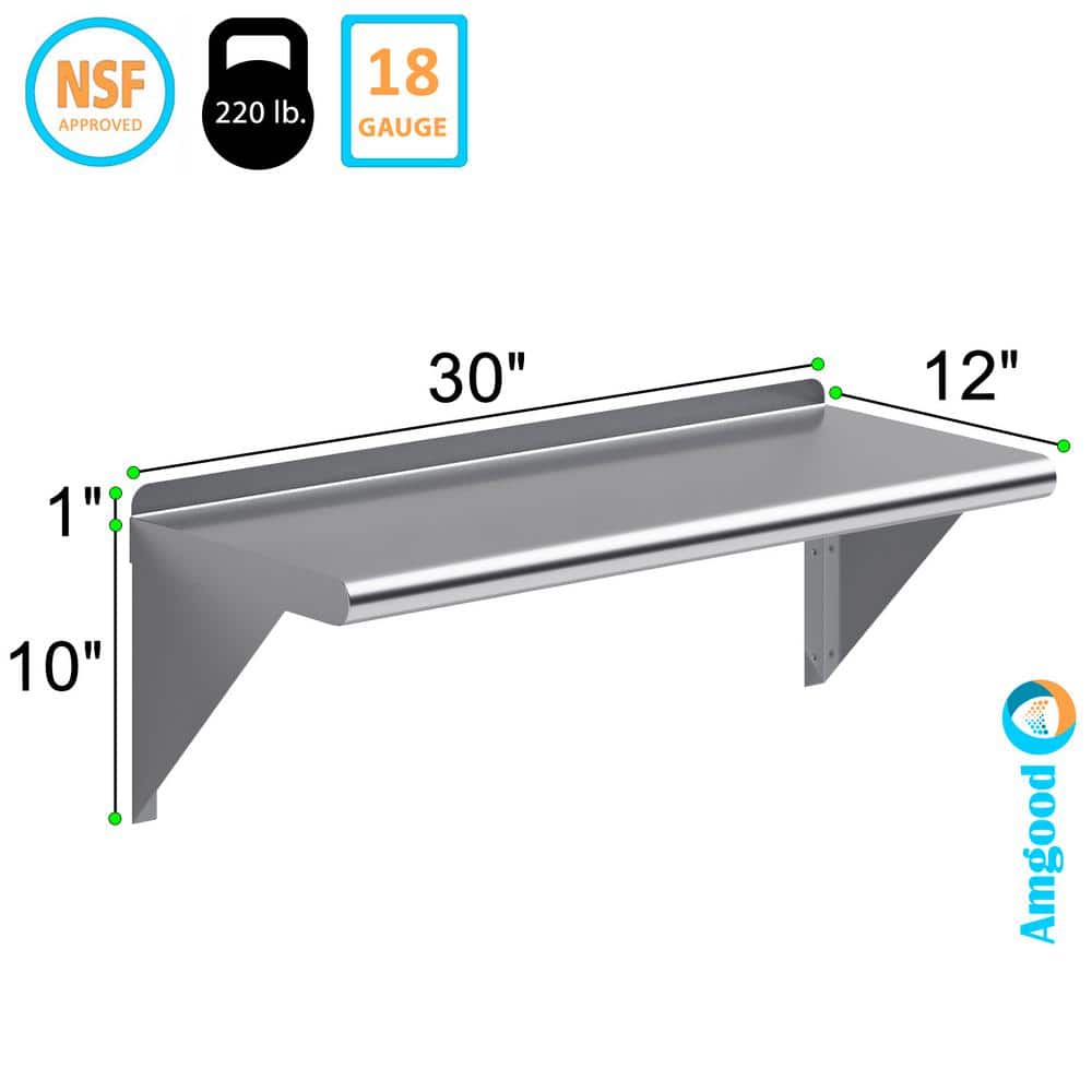 12 in. x 30 in. Stainless Steel Wall Shelf. Kitchen, Restaurant, Garage, Laundry Metal Shelf with Brackets - Hercitys
