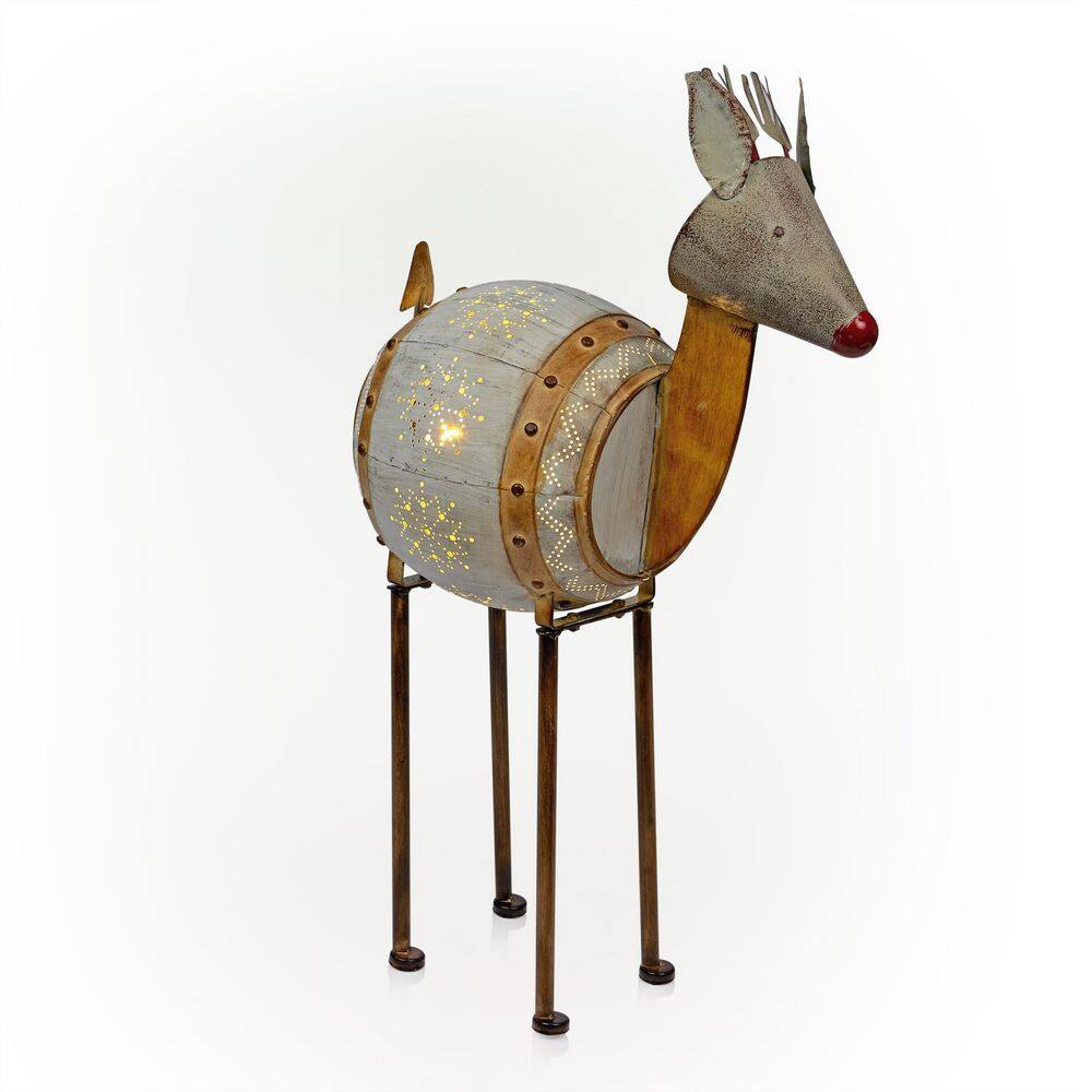 33 in. Tall Weathered Barrel Reindeer With Warm White LED Lights - Hercitys