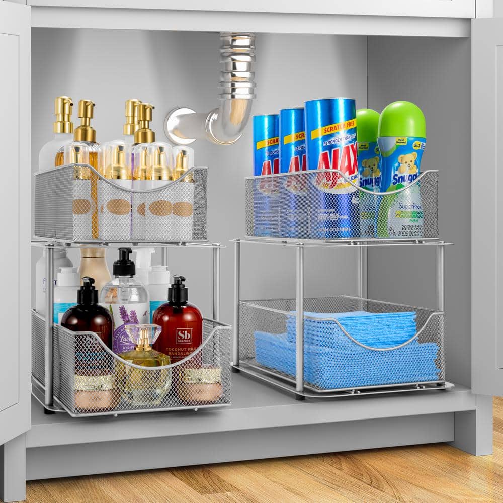2-Tier Silver Metal Under Sink Bathroom and Kitchen Organizers and Storage, 2 Pack Sliding Drawers - Hercitys