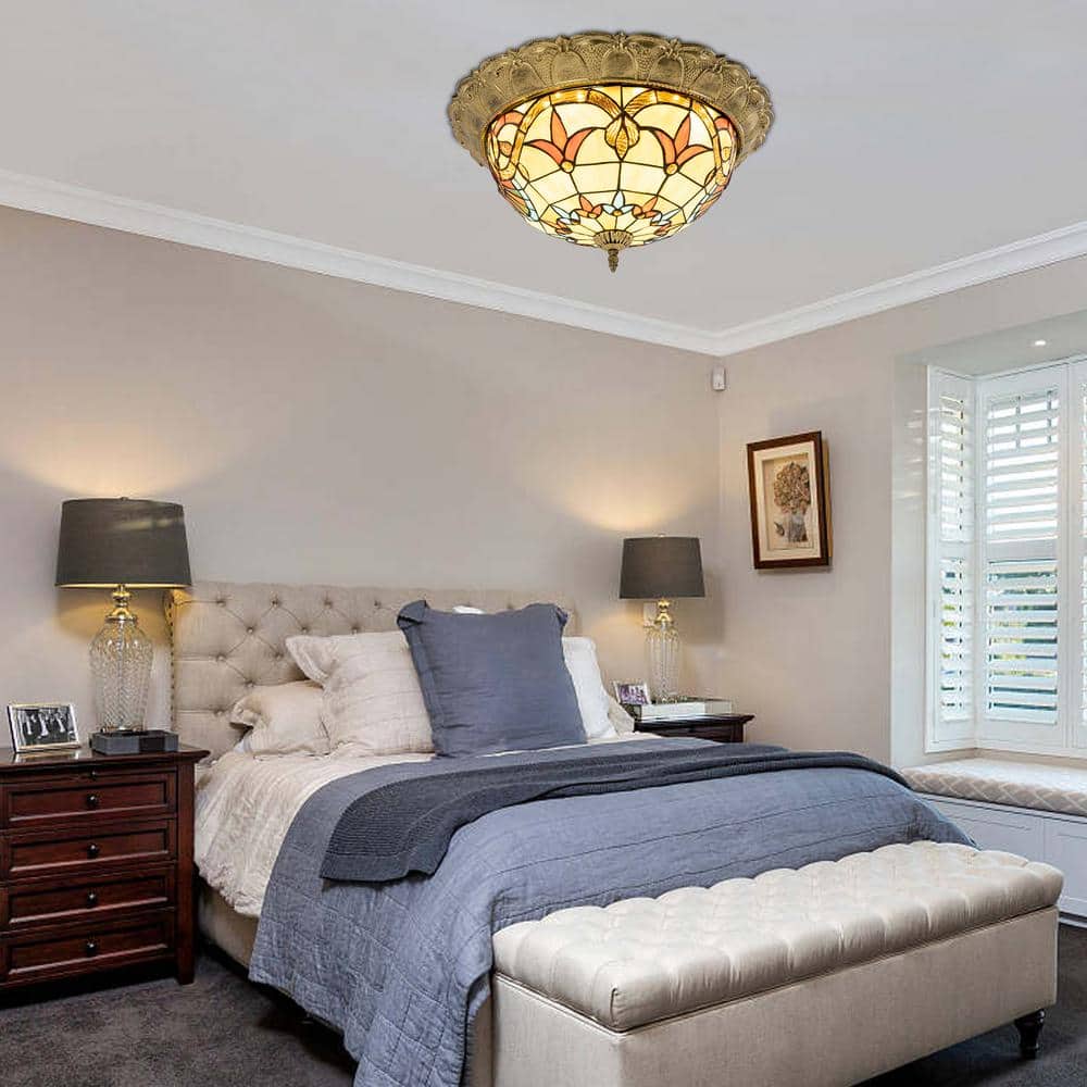 20.47 in. 36-Watt Gold European LED Flush Mount Ceiling Light with Stained Glass Shade - Hercitys