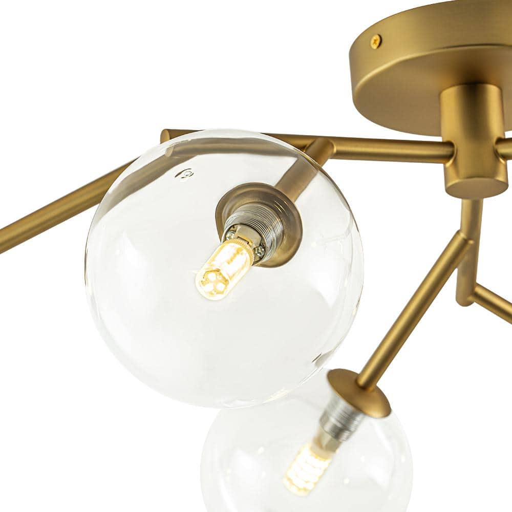 28.74 in. 6-Light Brushed Gold Mid-Century Modern Branch Bubble Globe Semi-Flush Mount Chandelier with Clear Glass Shade - Hercitys