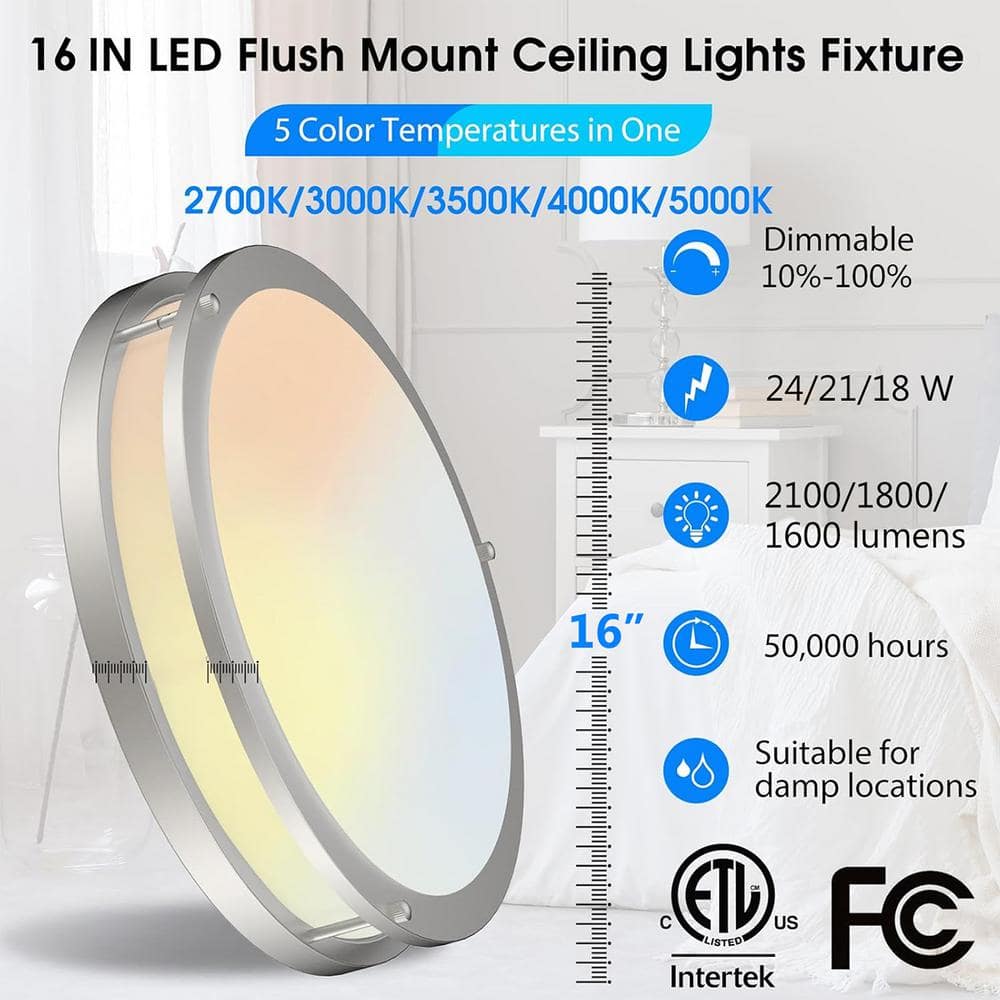 16 in Brushed Nickel Watt Selectable 5CCT LED Flush Mount Round Double Ring Dimmable Ceiling Light (1-Pack) - Hercitys