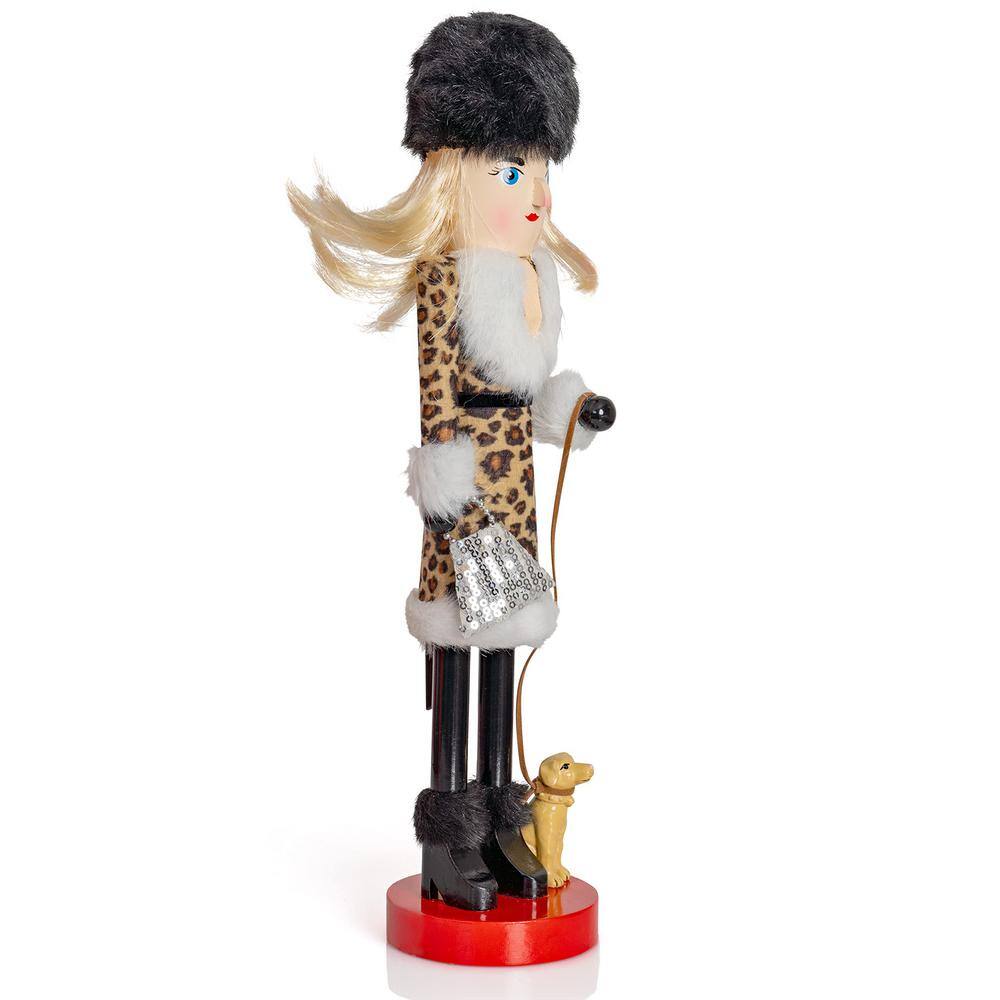 15 in. Wooden Shopping Lady Christmas Nutcracker -Glitter Shopper with Dog Holiday Nutcracker Figure Toy Decorations - Hercitys
