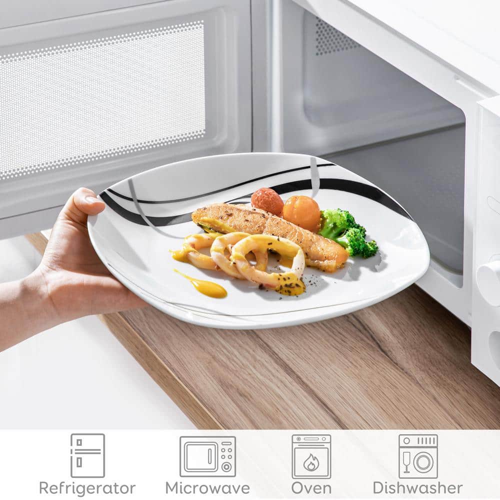 48-Piece Black Gray Lines Ivory White Porcelain Dinnerware (Set Service for 12) - Hercitys