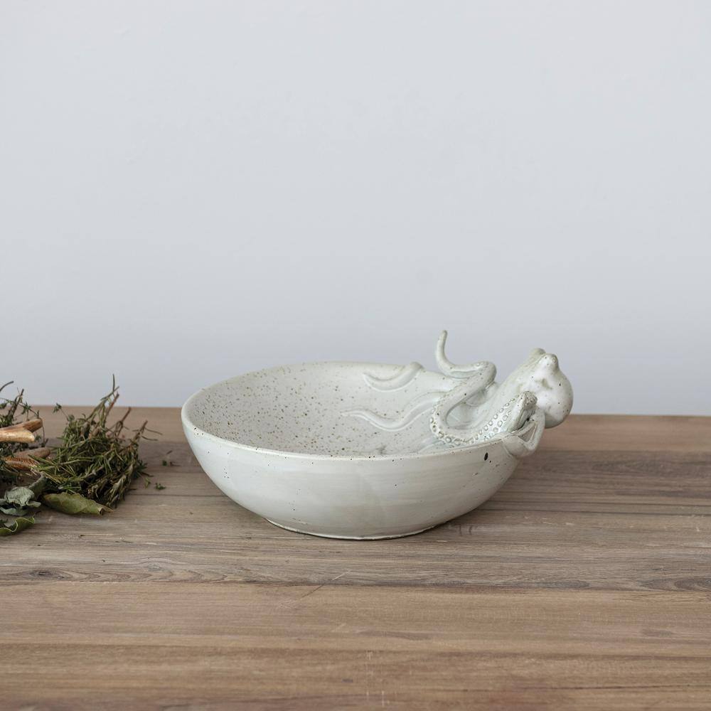 13.75 in. 91.3 fl.oz White Speckled Stoneware Octopus Serving Bowl - Hercitys