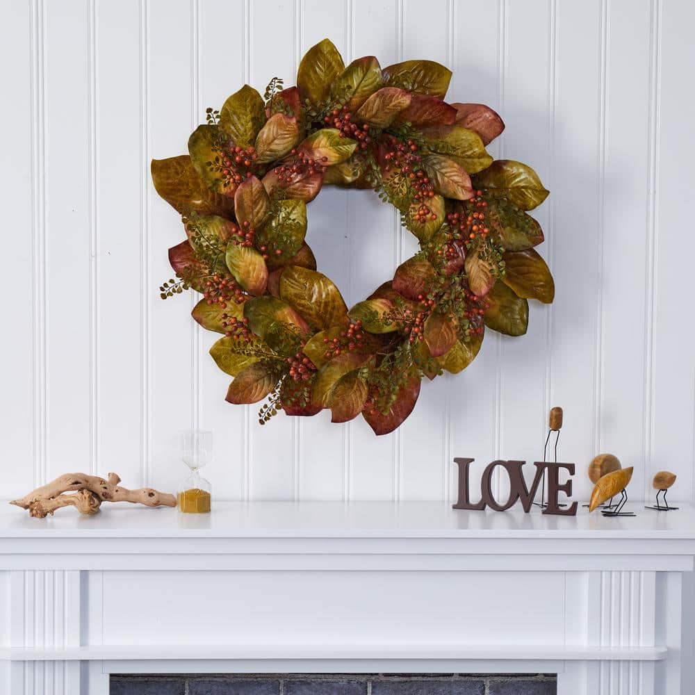 30 in. Fall Magnolia Leaf and Berries Artificial Wreath - Hercitys