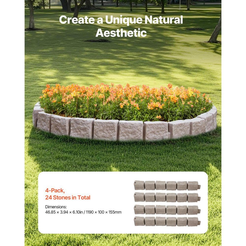 46.8 x 3.9 in. Brown Faux Stone Landscape Edging, Flexible Brick-Sized Garden Border with Anchoring Spikes Polyethylene - Hercitys