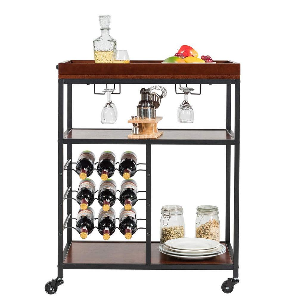3-Tier Brown Rolling Kitchen Cart with Wine Rack - Hercitys