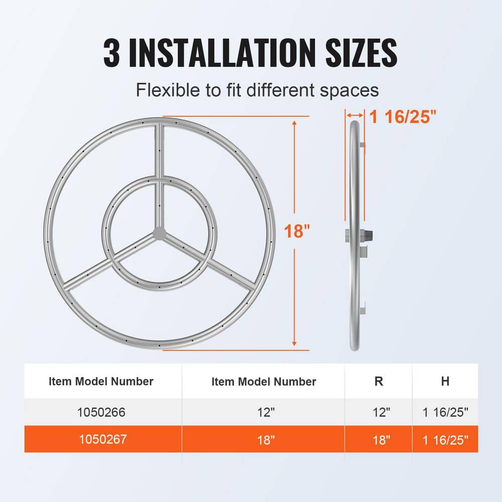 18 in. Round Drop-in Fire Pit Pan, Stainless Steel Fire Pit Burner Kit, Natural & Propane Gas Fire Pan with 150,000 BTU - Hercitys