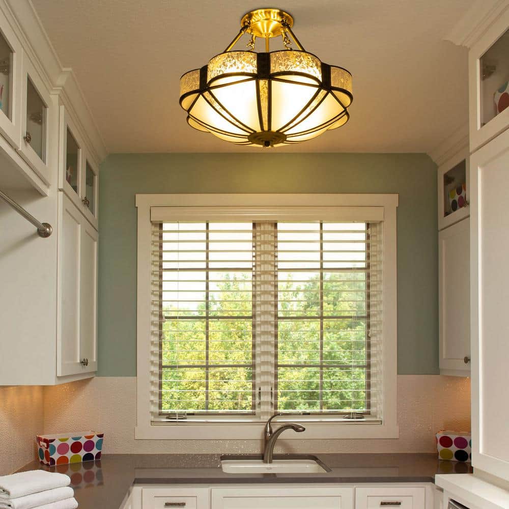 17.71 in. 4-Light Gold Retro Flower-Shaped Semi-Flush Mount Ceiling Light with Glass Shade, No Bulbs Included - Hercitys