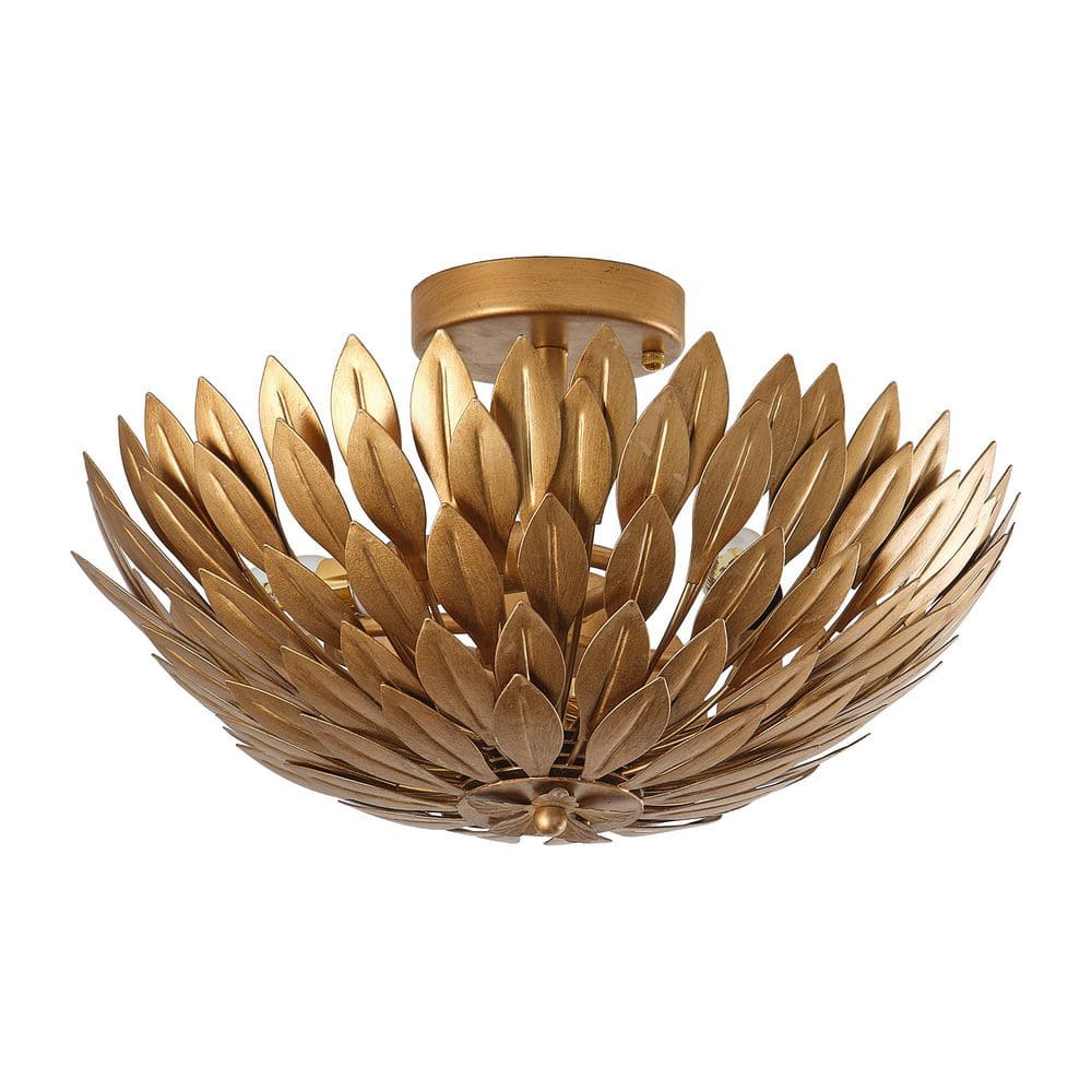 15.75 in. 3-Light Antique Gold Semi-Flush Mount Ceiling Light with Layers of Leaves Shade - Hercitys