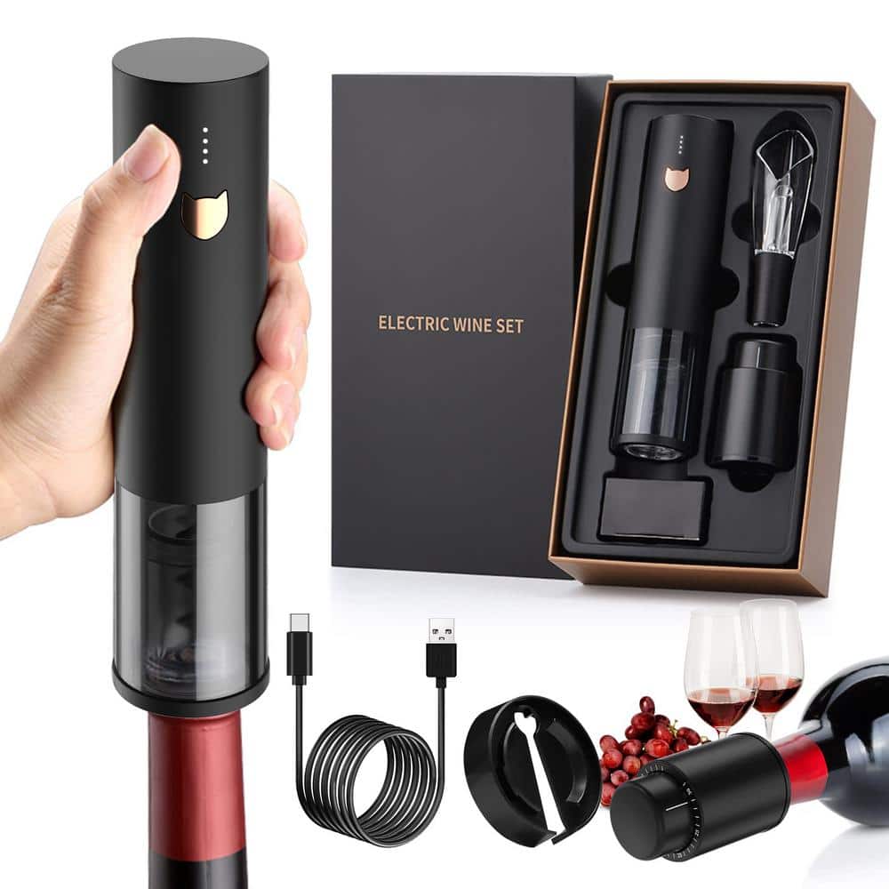 4-Piece Black Electric Wine Bottle Opener Set with Foil Cutter, 2-in-1 Aerator Pourer, Vacuum Stopper and Gift Box - Hercitys