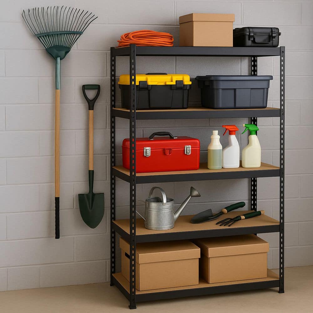 5-Tier Powder-Coated Steel Garage Storage Shelving Unit in Matte Black with HDF Racks (48 in. W x 72 in. H x 18 in. D) - Hercitys