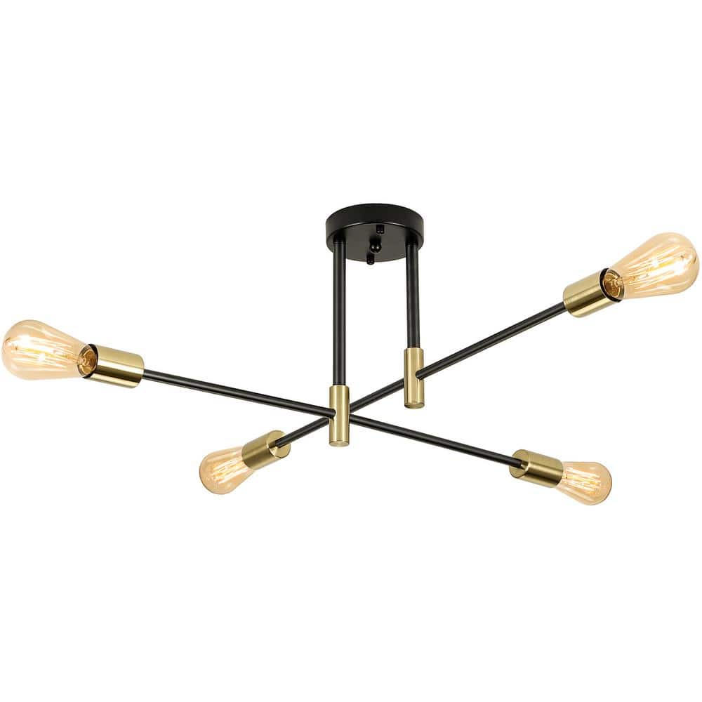 27.5 in. 4-Light Black and Brass Sputnik Semi- Flush Mount Ceiling Light with No Bulbs Included - Hercitys