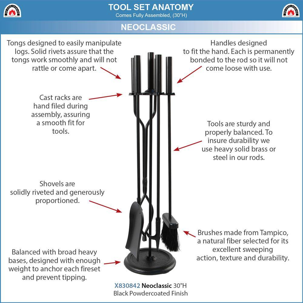 30 in. Tall 5-Piece Black Neoclassic Fireplace Tool Set with Round Base - Hercitys