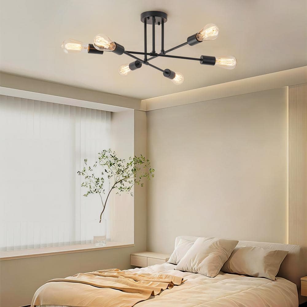 21.65 in. 6-Light Matte Black Modern/Industrial Branch Kitchen Island Semi-Flush Ceiling Light - Hercitys