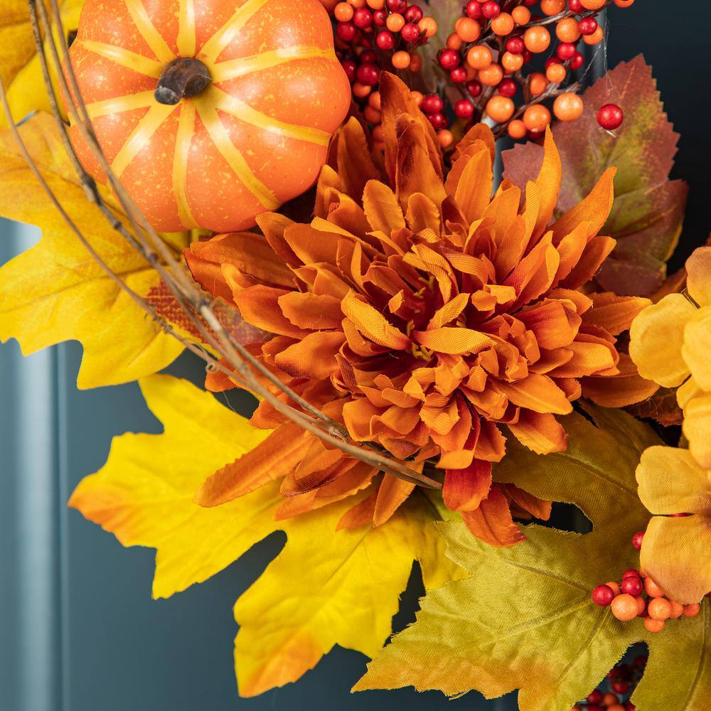 24 in. D Fall Unlit Dahlia Pumpkin, Leaf and Berry Wreath - Hercitys