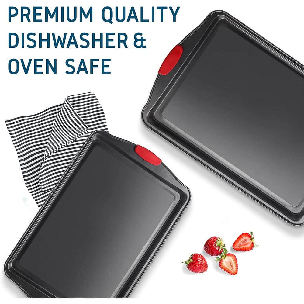 2-Piece Black Steel Nonstick Large and Medium Baking Cookie Sheet Set w/Silicone Handles - Hercitys