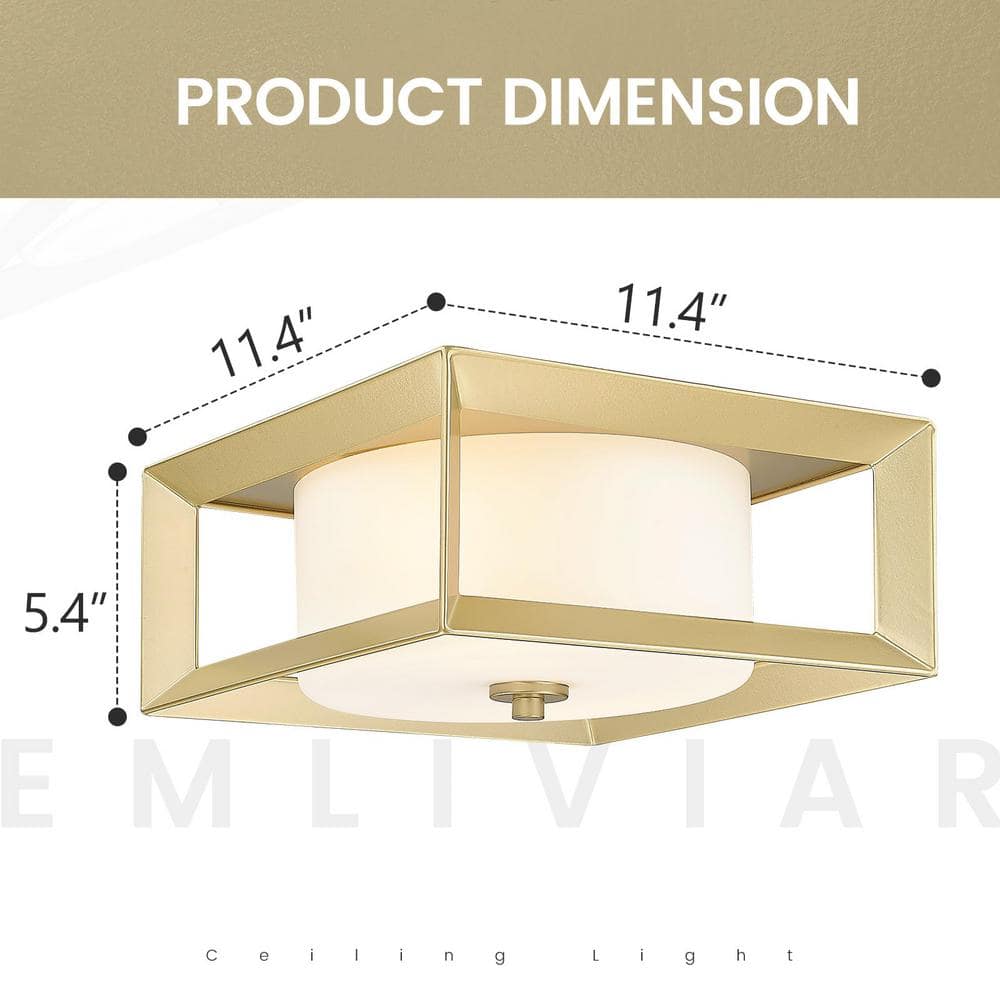 11.4 in. 2-Light Gold Finish Modern Flush Mount with Frosted Glass Shade and No Bulbs Included 1-Pack - Hercitys
