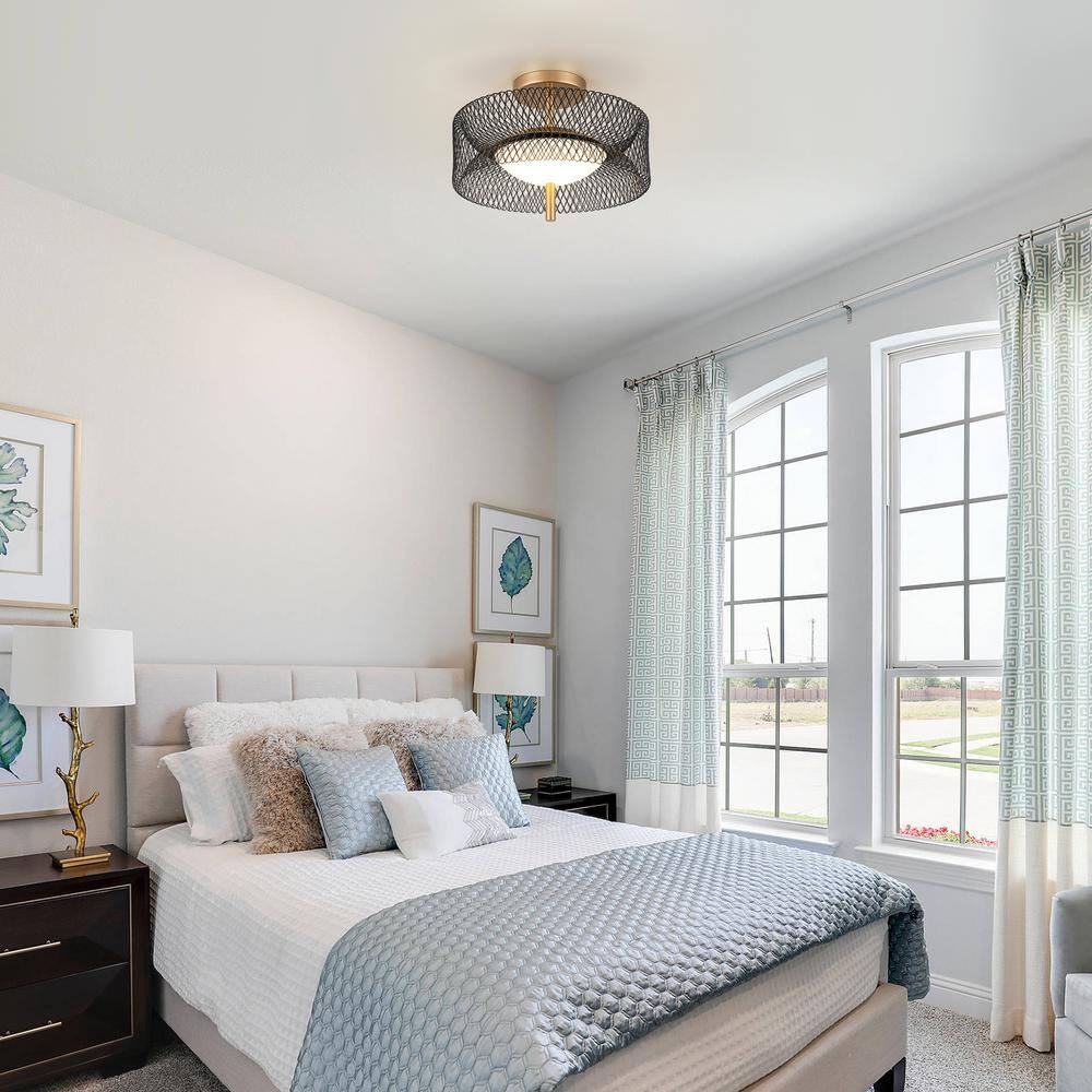 12.6 in. 23-Watt Black/Gold Integrated LED Semi-Flush Mount Ceiling Light with Drum Shade - Hercitys