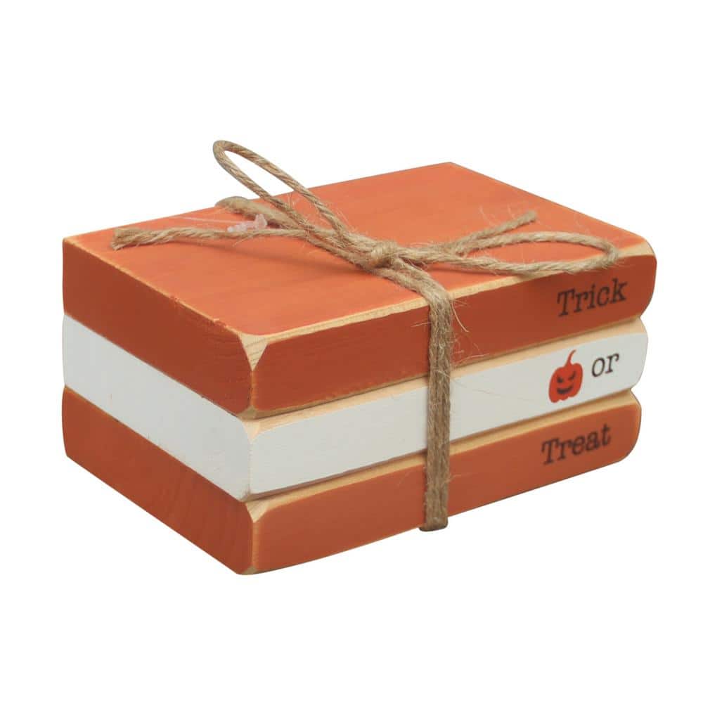 2.8 in. Orange and White Trick or Treat Halloween Decorative Faux Wood Books - Hercitys