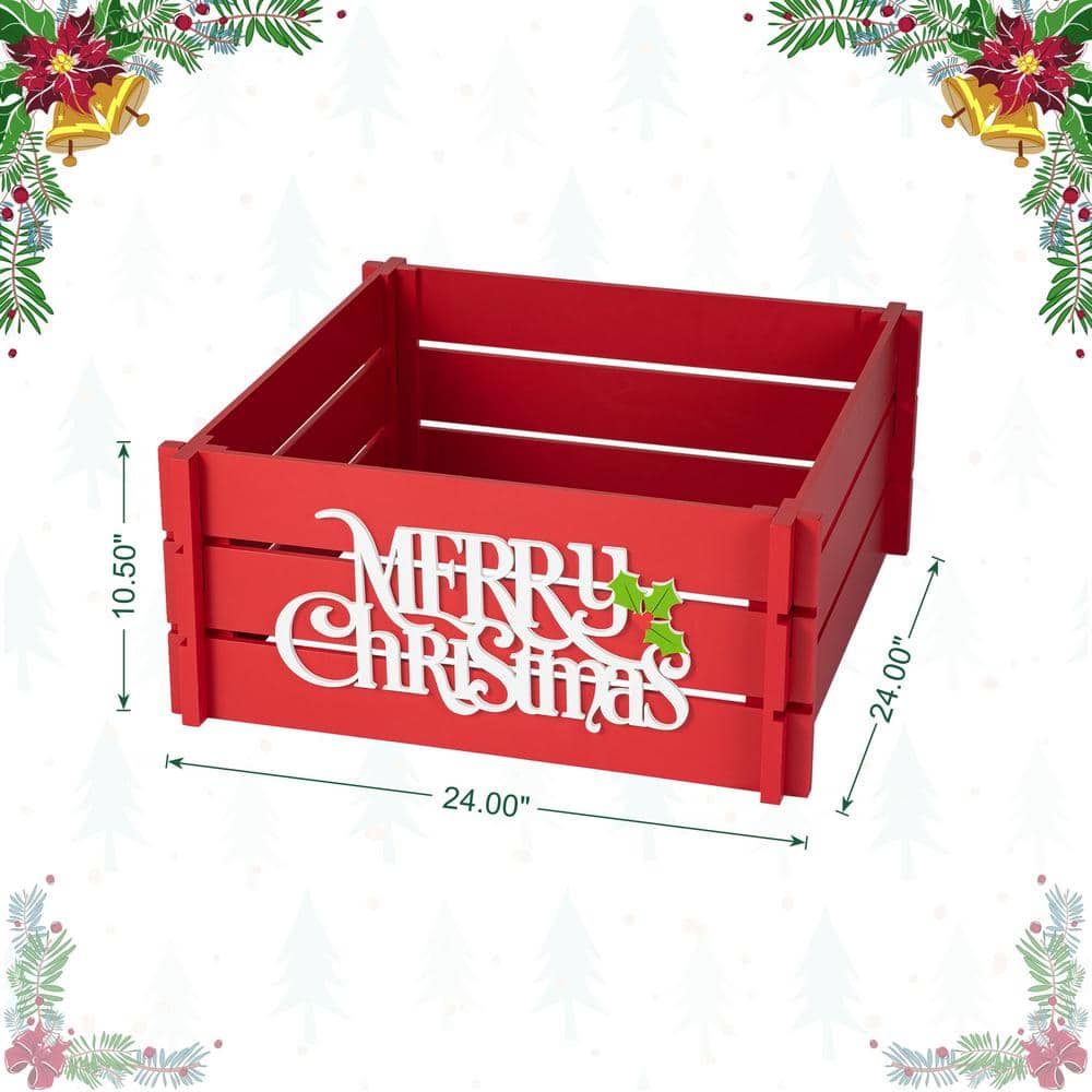 24 in. L Red “MERRY CHRISTMAS” Wooden Crate Tree Collar - Hercitys