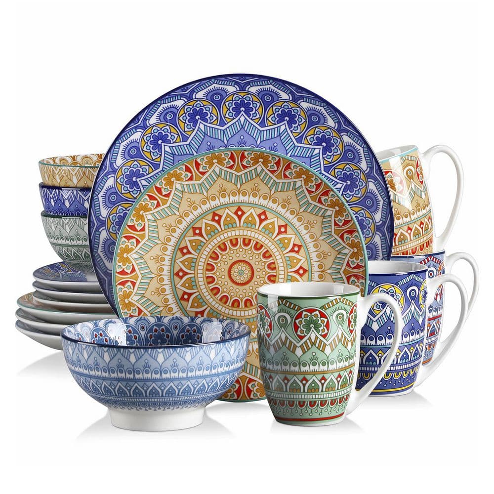 16-Piece Multicolored Porcelain Dinnerware Set Service for 4 Mandala Pattern Tableware Dining Set with Bowls Plates Mugs - Hercitys
