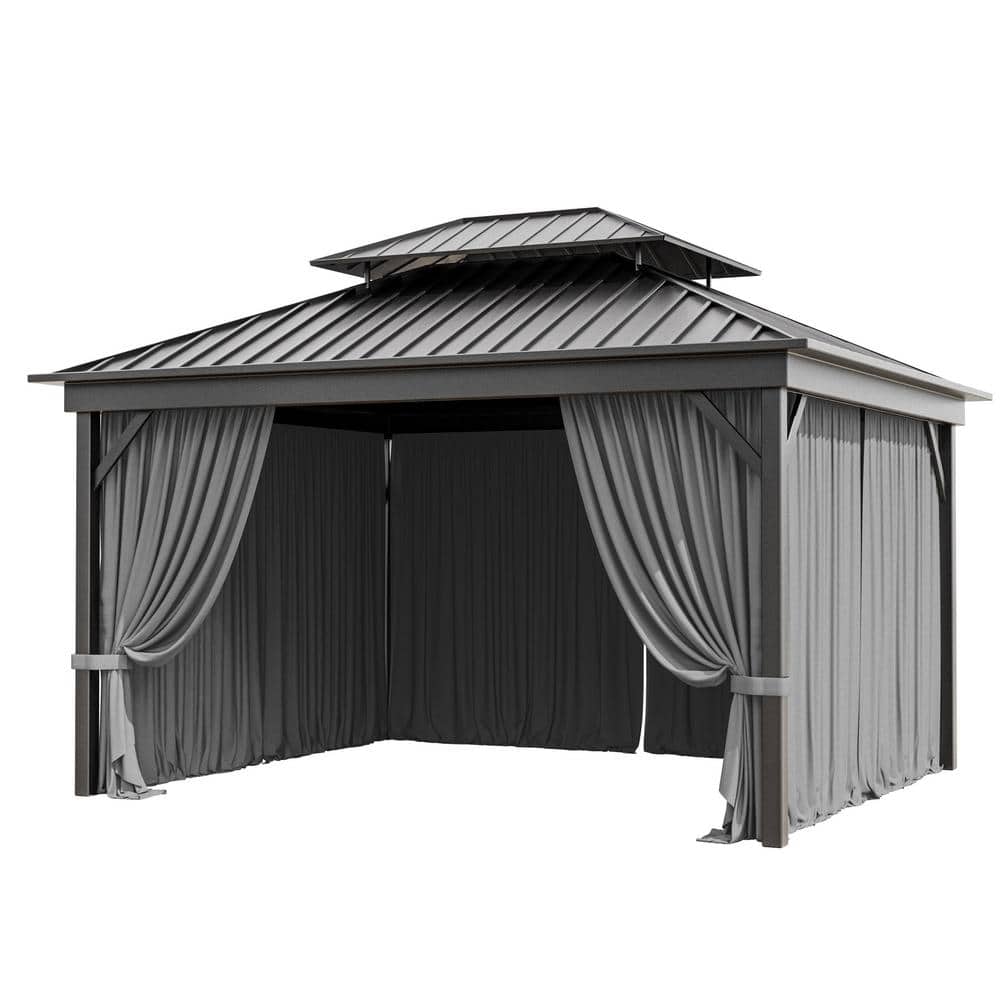 10 ft. x 12 ft. Universal Outdoor Privacy Curtains, Gazebo Replacement with Zipper Grey (4-Side Curtain Only) - Hercitys