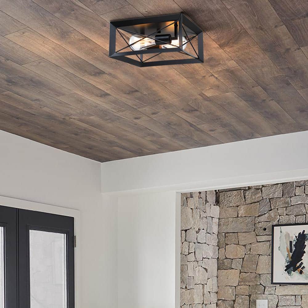 2-Light 12 in. Square Flush Mount Light Fixtures with Matte Black Finish - Hercitys
