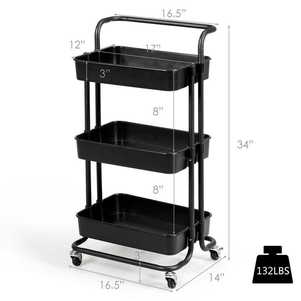 3-Tier Black Rolling Plastic Kitchen Cart on Wheels with Casters - Hercitys