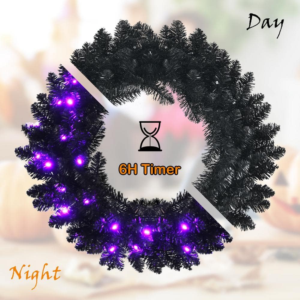 24 in. Black PreLit Artificial Christmas Wreath Halloween Wreath with 35 Purple LED Lights - Hercitys