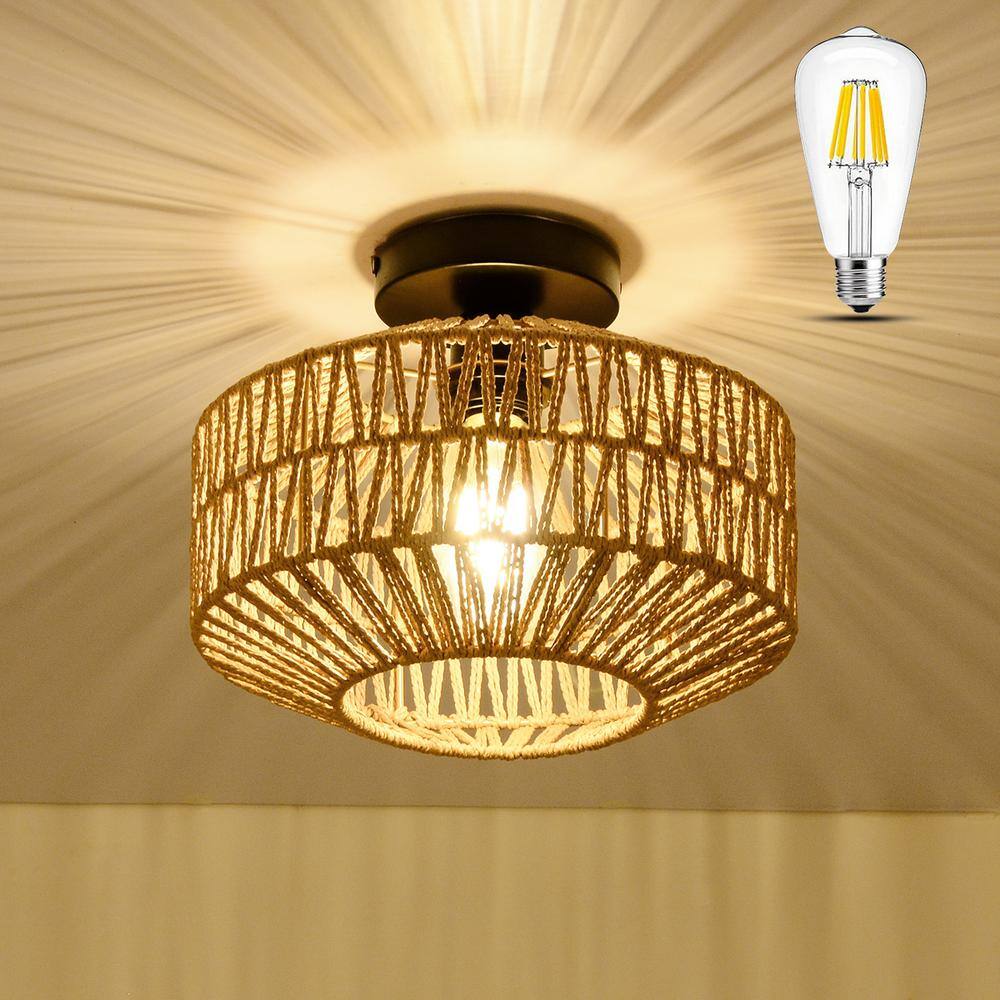 11.8 in. W 1-Light Mini Natural Rattan Chandelier Flush Mount Light with Dimmable LED Bulb - Hercitys