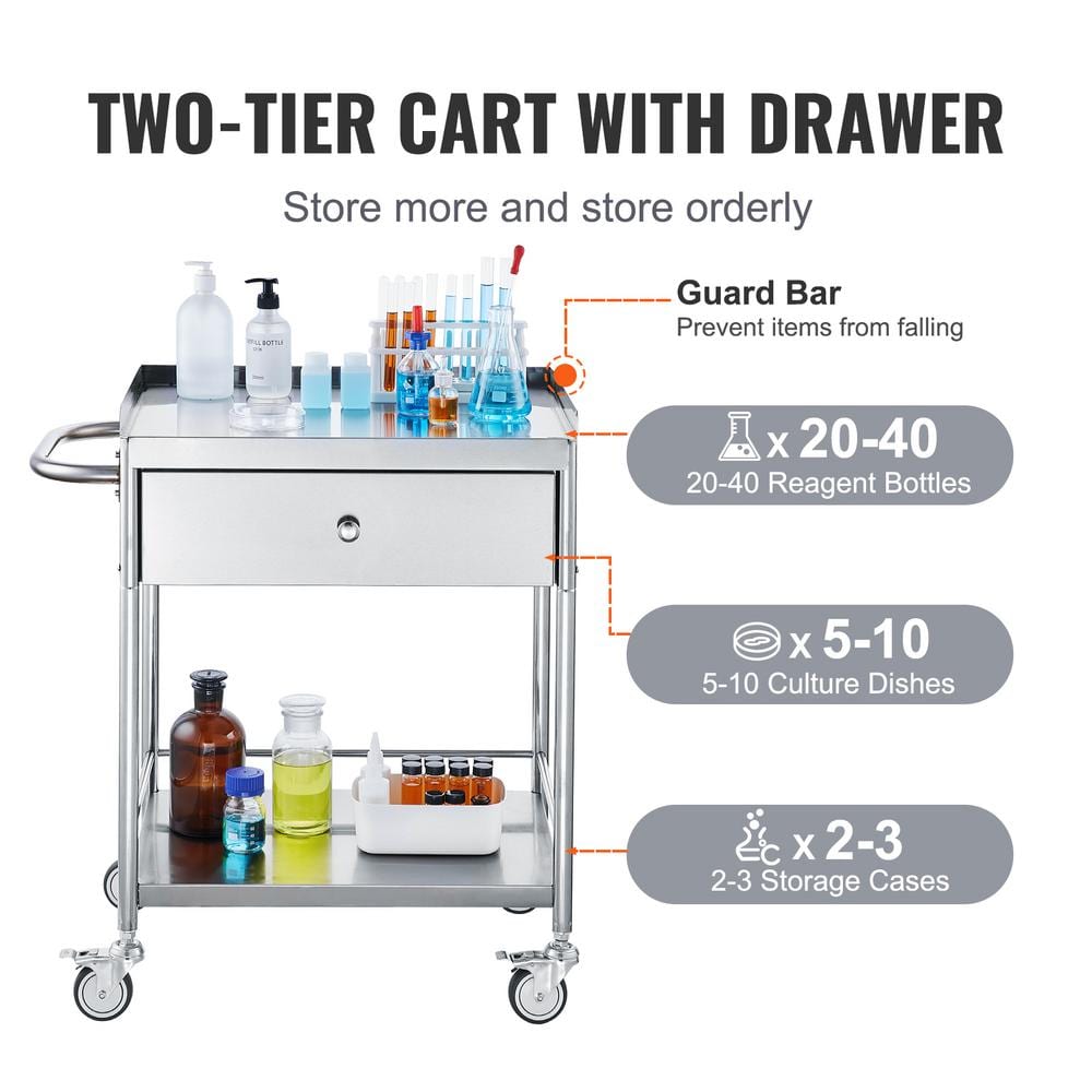 2-Layer Medical Cart Stainless Steel Utility Cart with 220 lbs. CapacityKitchen Cartwith 360° Silent Wheels and Drawer - Hercitys
