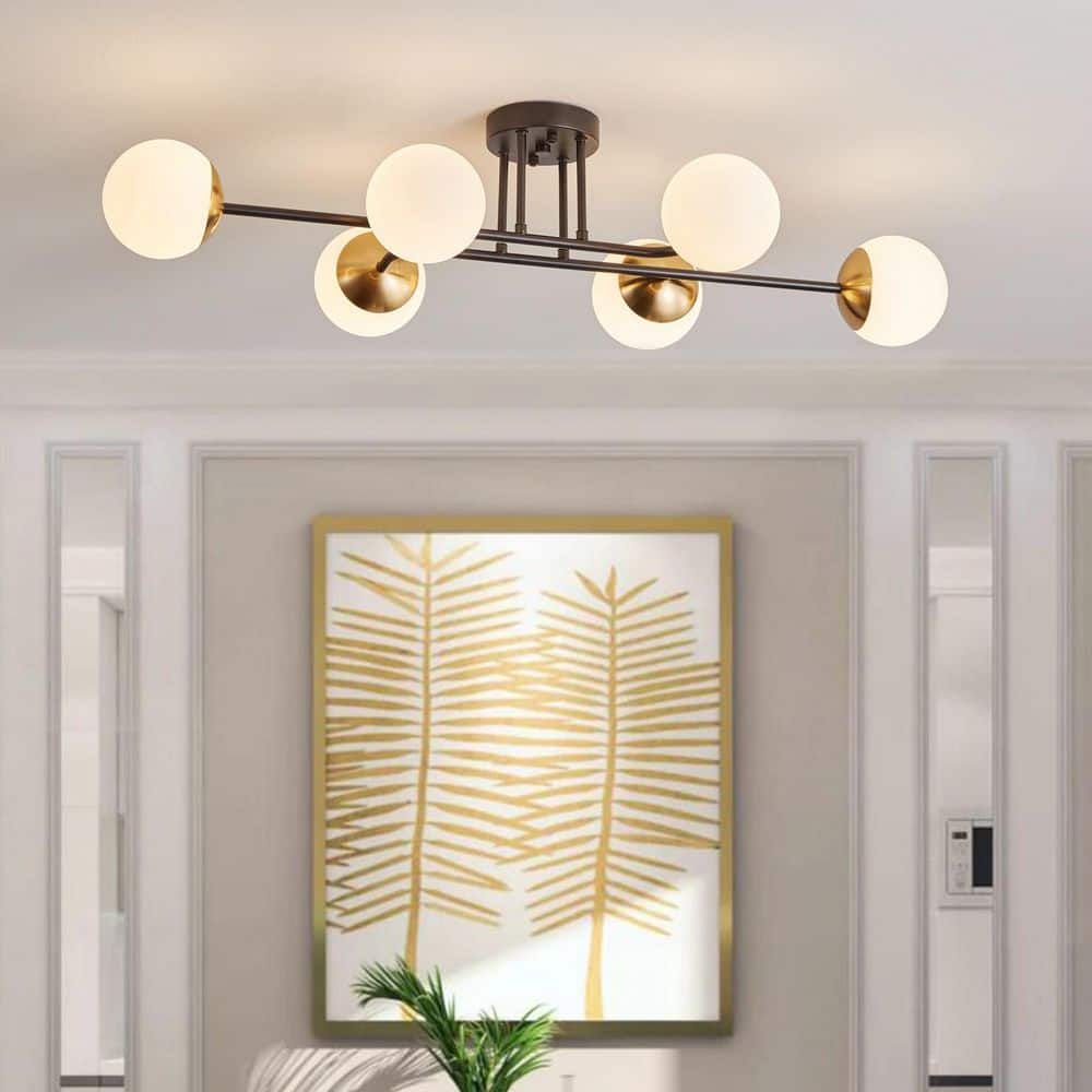 36.61 in. 6-Light Black Modern Sputnik Oversized Semi-Flush Mount Ceiling Light Fixture with Glass Shades - Hercitys