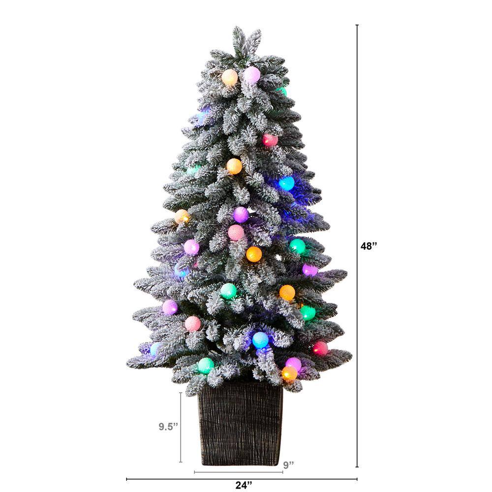 4 ft. Winter Flocked Pre-Lit Artificial Christmas Tree with 40 LED Globe Lights, 259 Bendable Branches in Planter - Hercitys