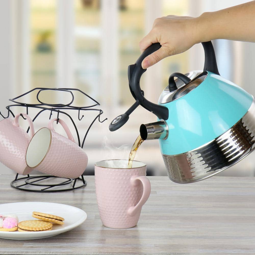 10-Cup Stainless Steel Whistling Tea Kettle in Turquoise - Hercitys
