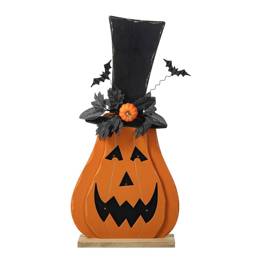 29.5 in. H Halloween Lighted Wooden Jack-O-Lantern Porch Decor with Floral and Timer - Hercitys