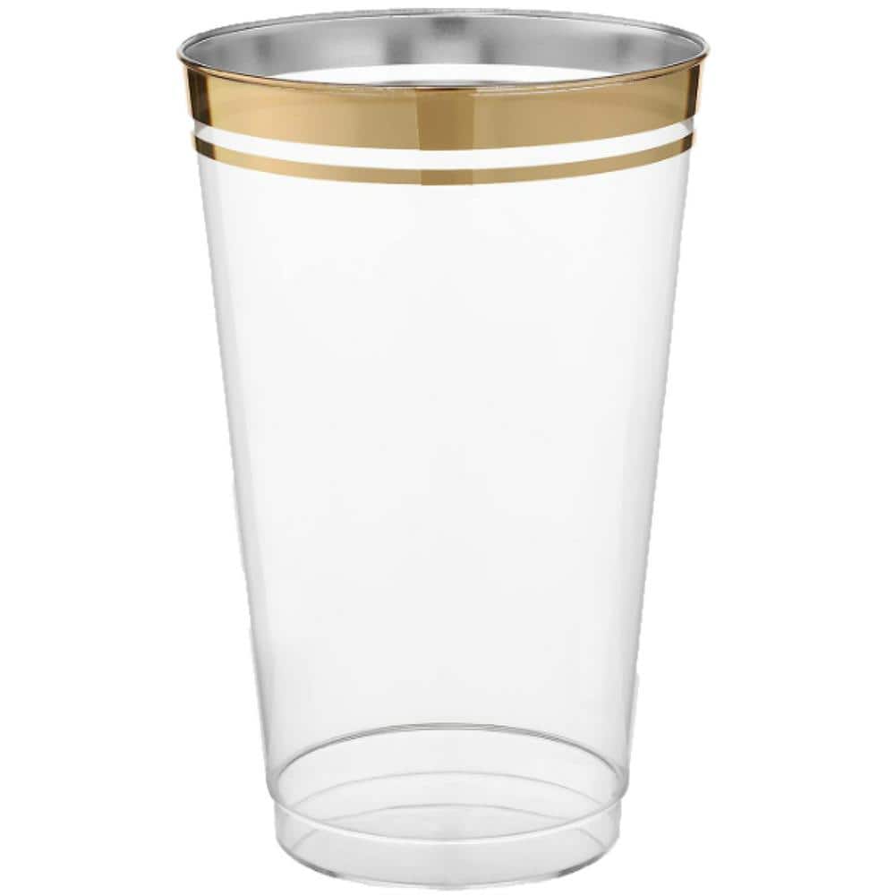 14 oz. 2-Line Gold Rim Clear Disposable Plastic Cups, Party, Cold Drinks, (100/Pack) - Hercitys