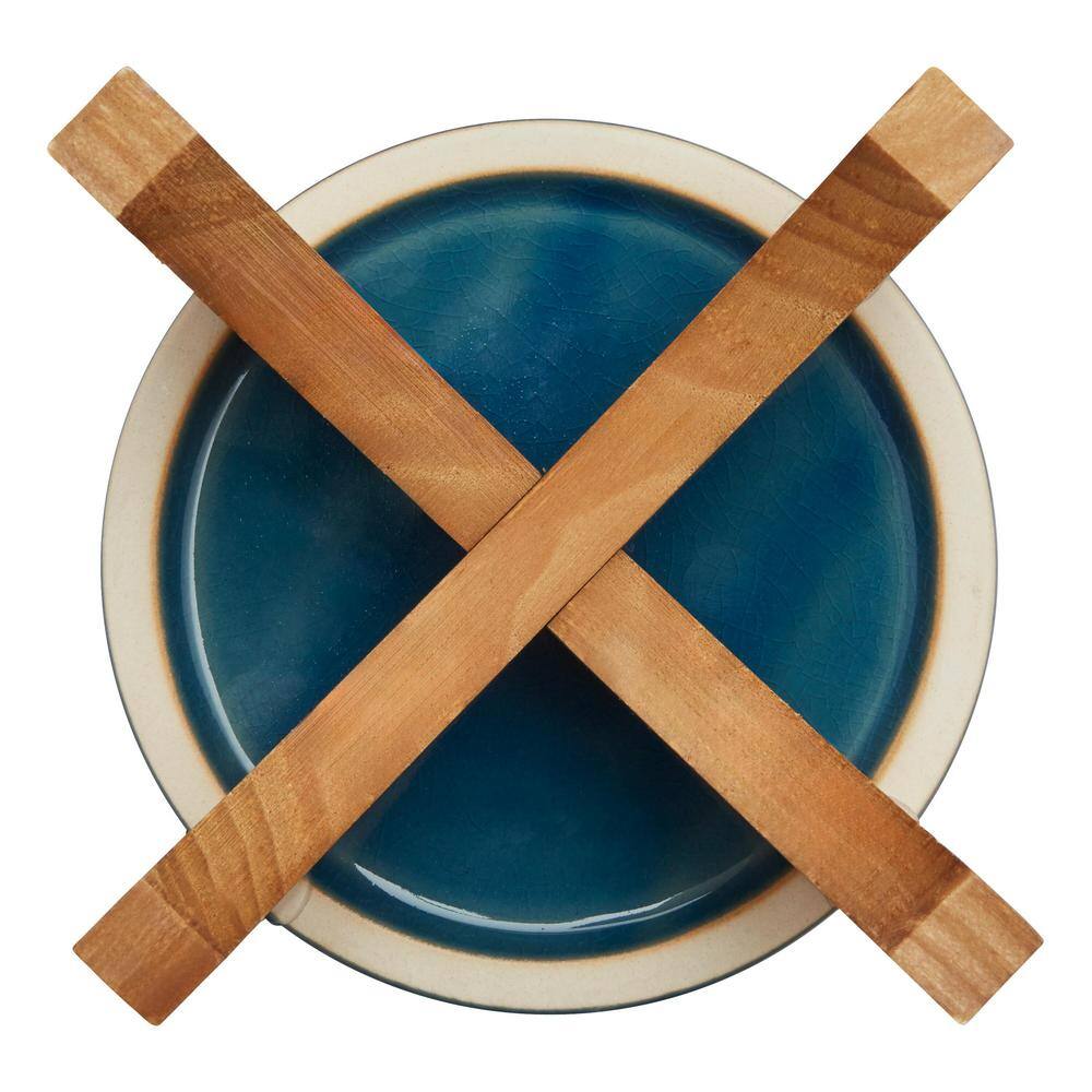 5 in. Jenkins Small Blue Ceramic Planter (5 in. D x 6.3 in. H) with Wood Stand - Hercitys