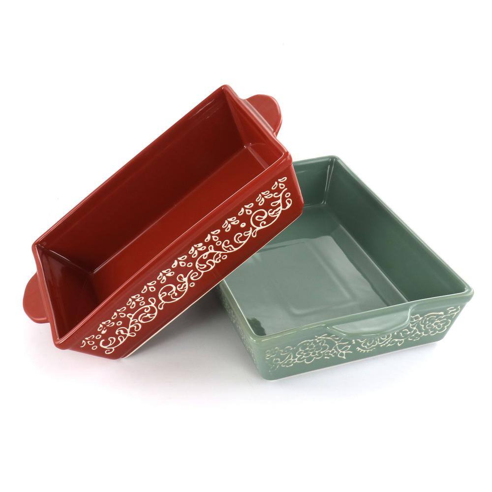 2 Piece Tierra Wax Relief Stoneware Baker Set in Red and Mint - Hercitys