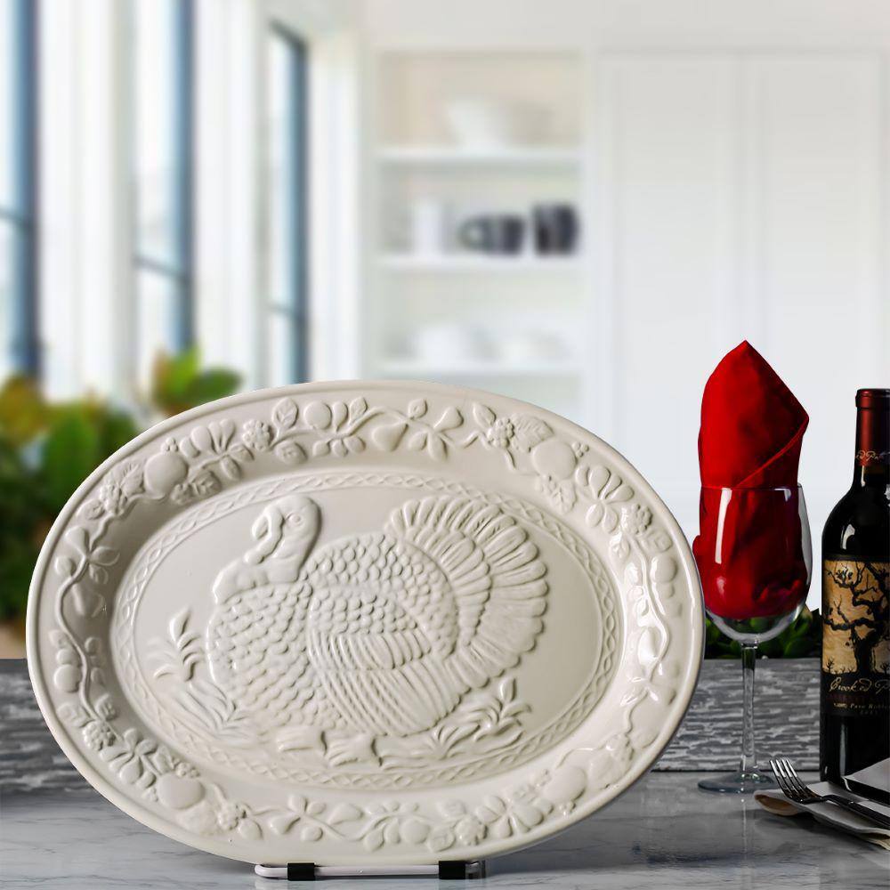 13.4 in. White Turkey Ceramic Serving Platter - Hercitys