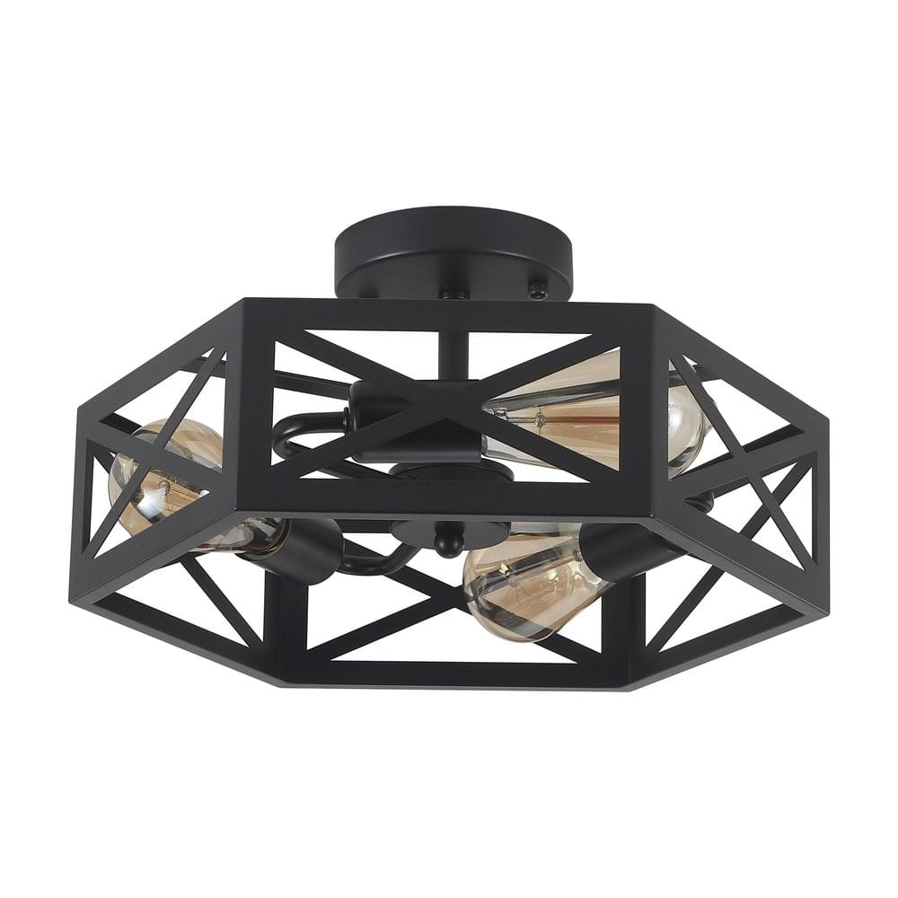 14.57 in. 3-Light Black and Gold Modern Industrial Metal Hexagonal Semi-Flush Mount Ceiling Light - Hercitys