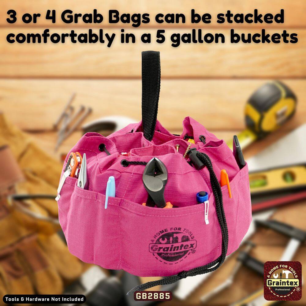 10 in. 18-Pocket Grab Tool Bag with Drawstring Closure in Pink Canvas - Hercitys