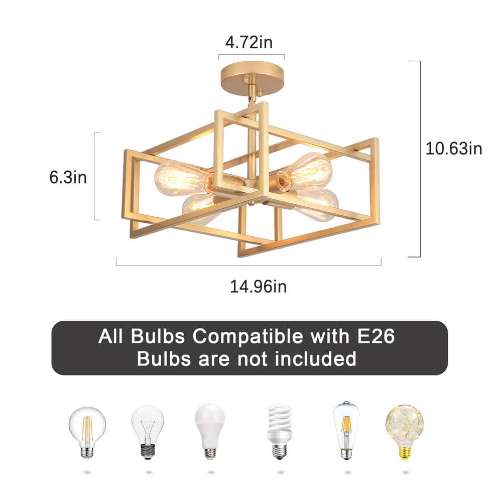 14.96 in. 4-Light Gold Farmhouse Square Frame Semi-Flush Mount Ceiling Light Fixture with Metal Shade - Hercitys