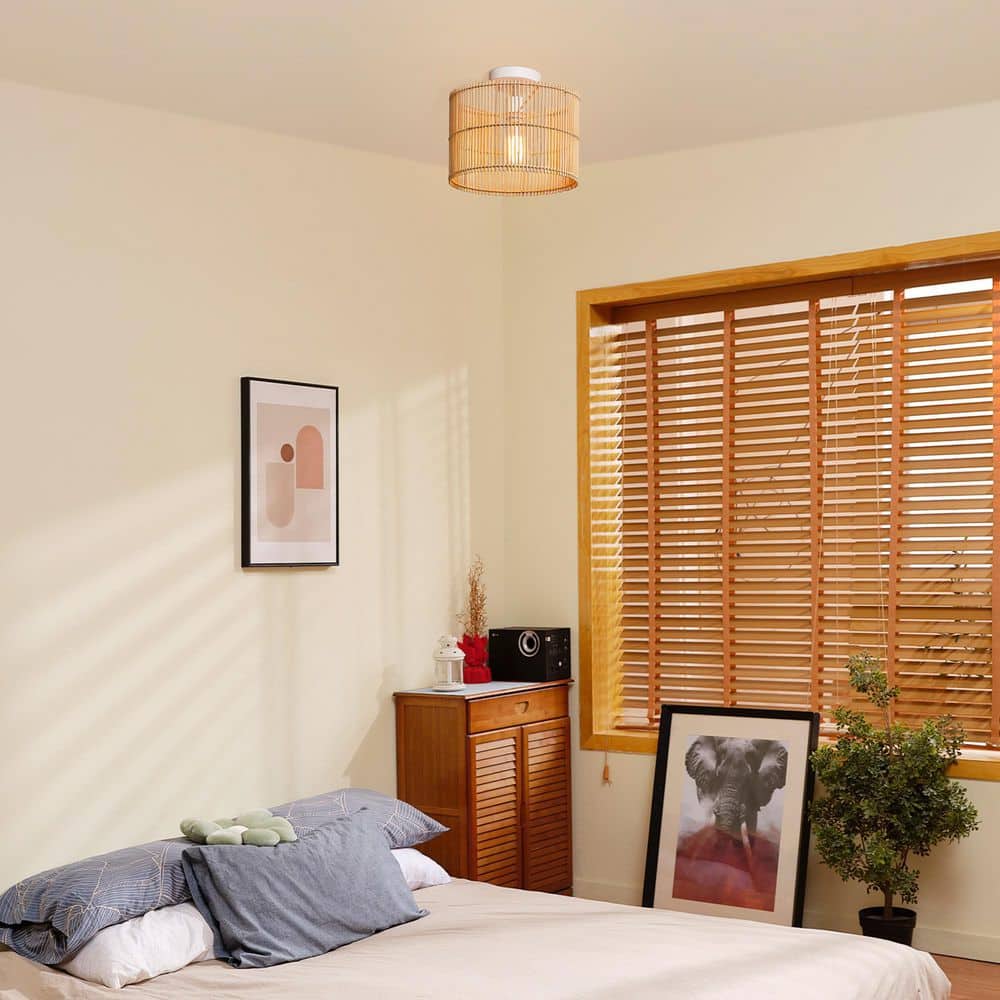 11.75 in. 1-Light Matte White Semi-Flush Mount Ceiling Light with Natural Bamboo Shade - Hercitys